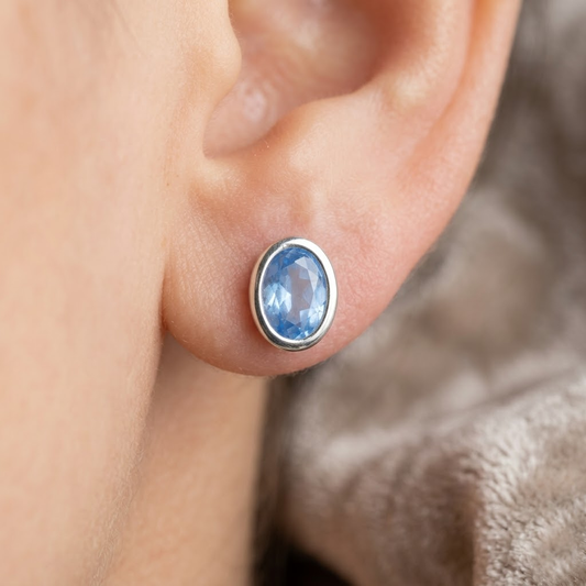 Blue Oval Bezel-Set Stud Earrings