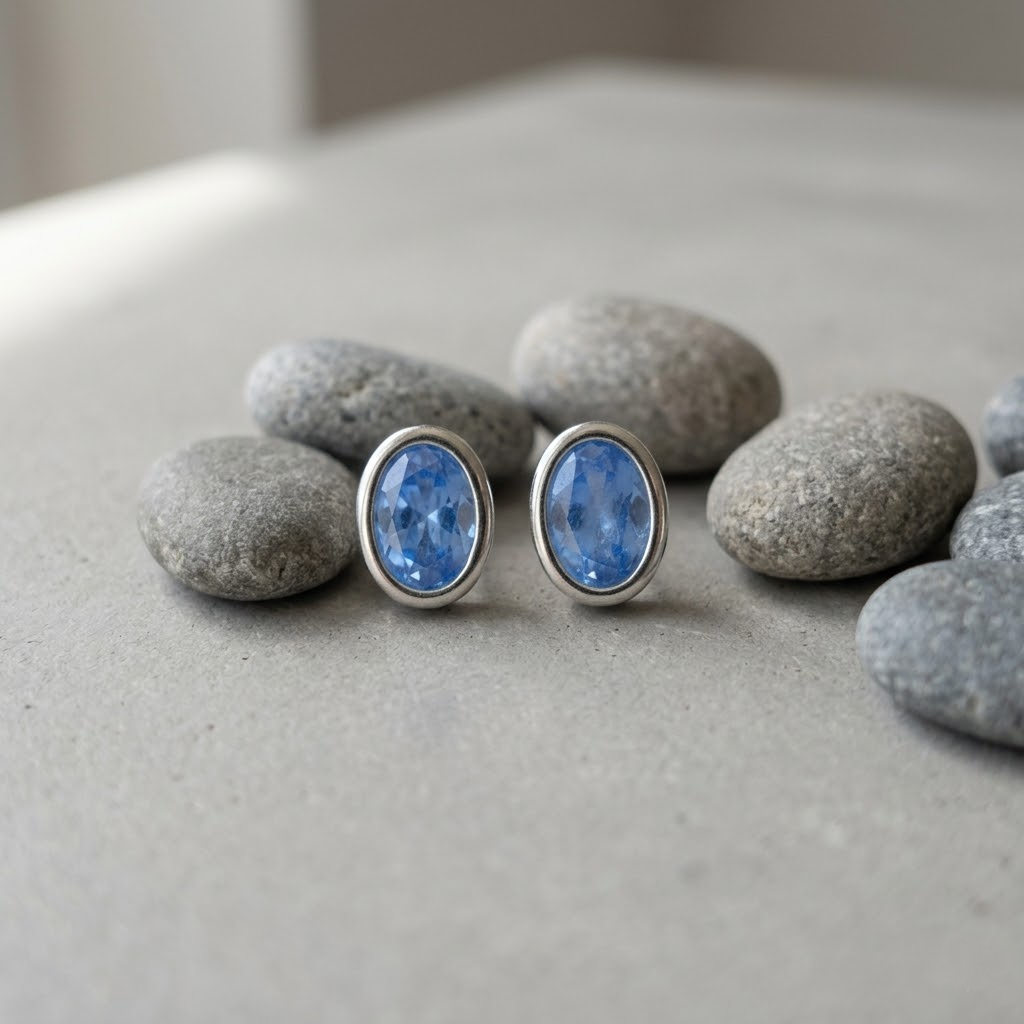Blue Oval Bezel-Set Stud Earrings