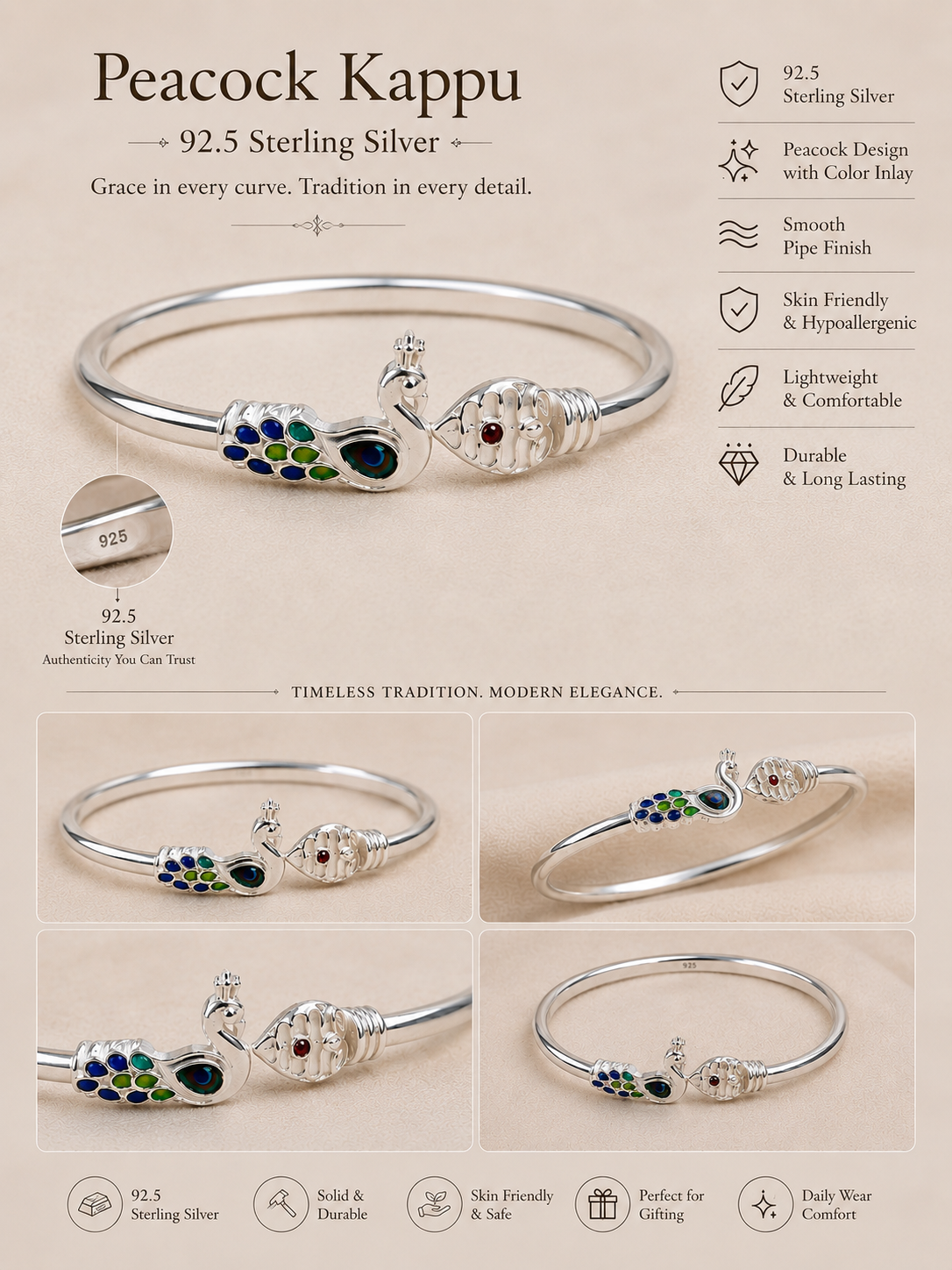 Lord Murugan Vel Peacock Kada | 92.5 Silver