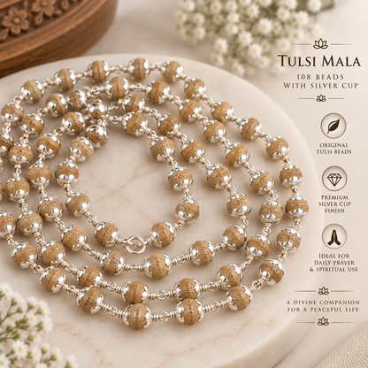 Tulsi Mala with Silver Cups | 108 Tulsi Beads | ZORKI